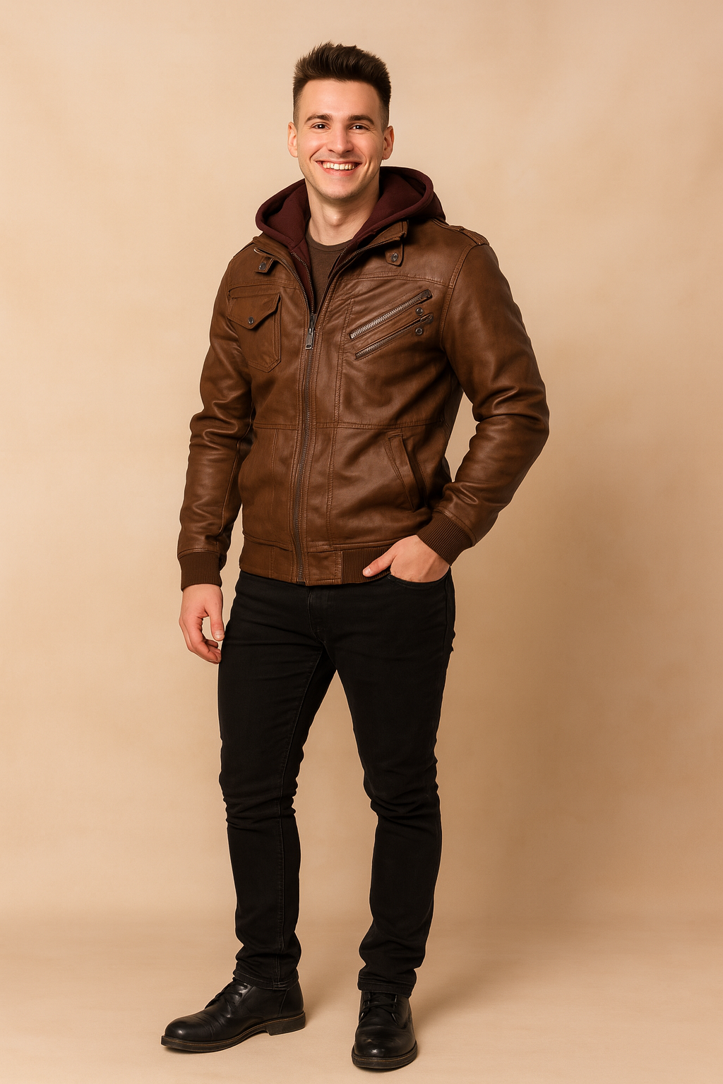 Brown leather jacket with multiple zippered chest pockets, ribbed cuffs, and a detachable burgundy hood, styled in a modern casual fit.