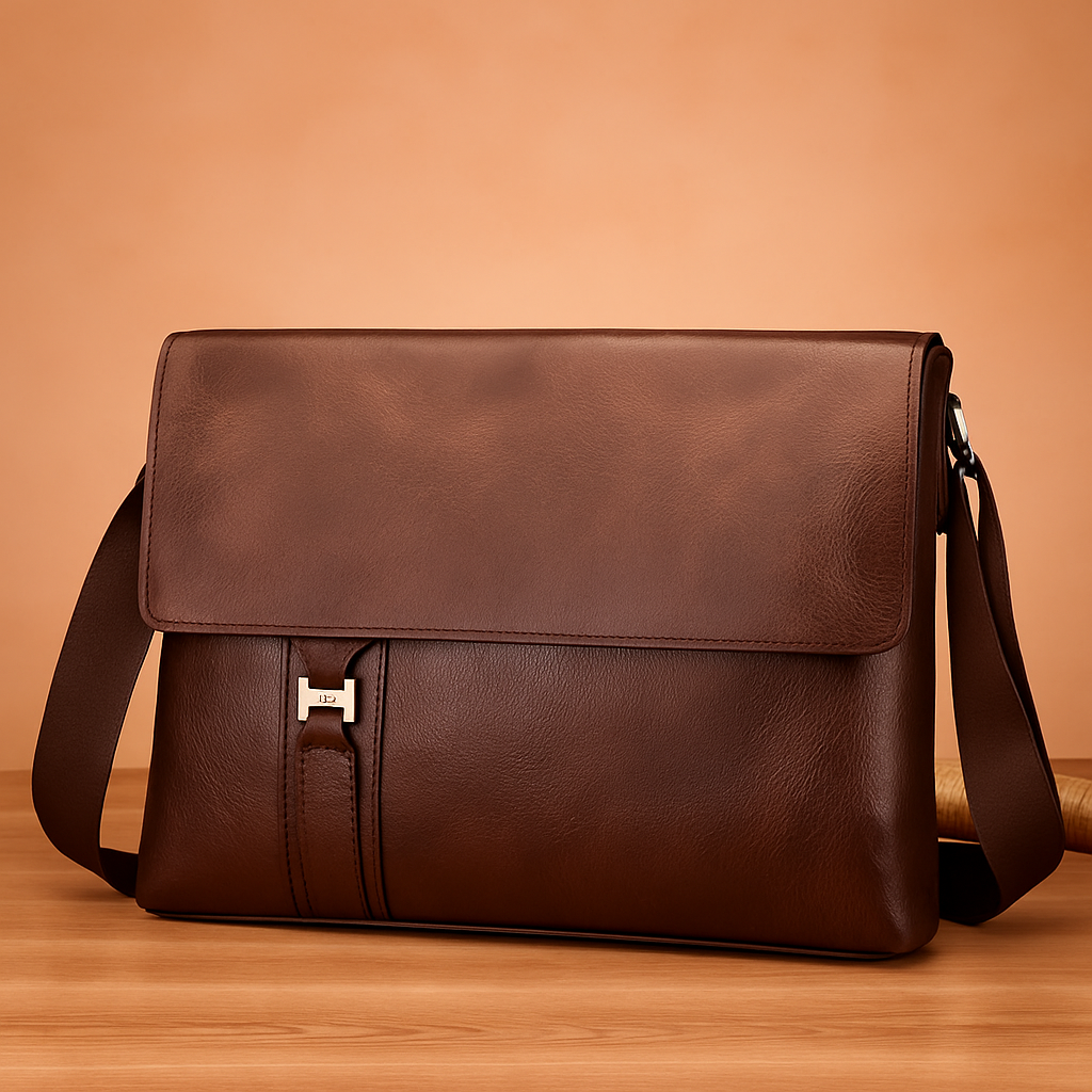 Brown leather messenger bag with silver front buckle and dark brown shoulder strap, set against a soft gradient beige and pastel pink background with warm lighting on a wood platform.