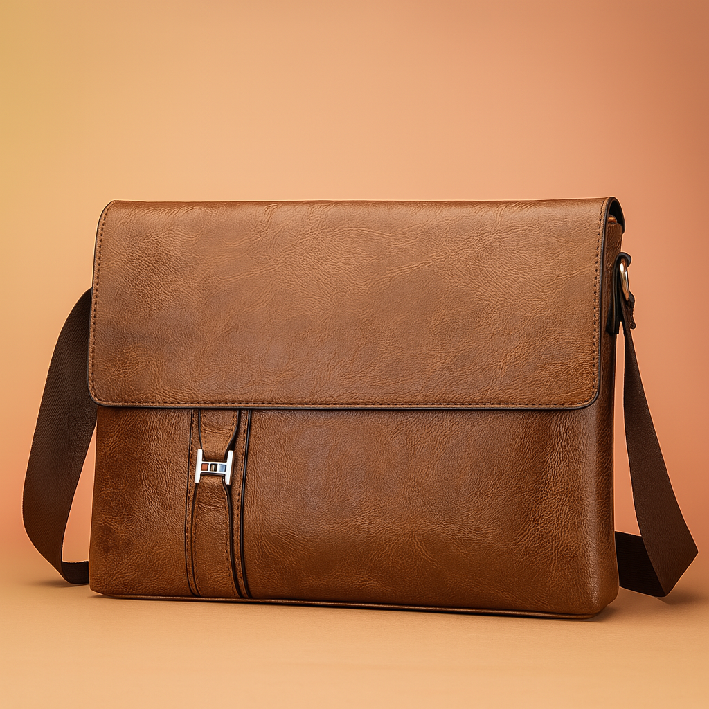 Sleek brown leather messenger bag with fold-over flap, stitched detailing, and adjustable shoulder strap, set on a soft sand-pink gradient background with elegant lighting.