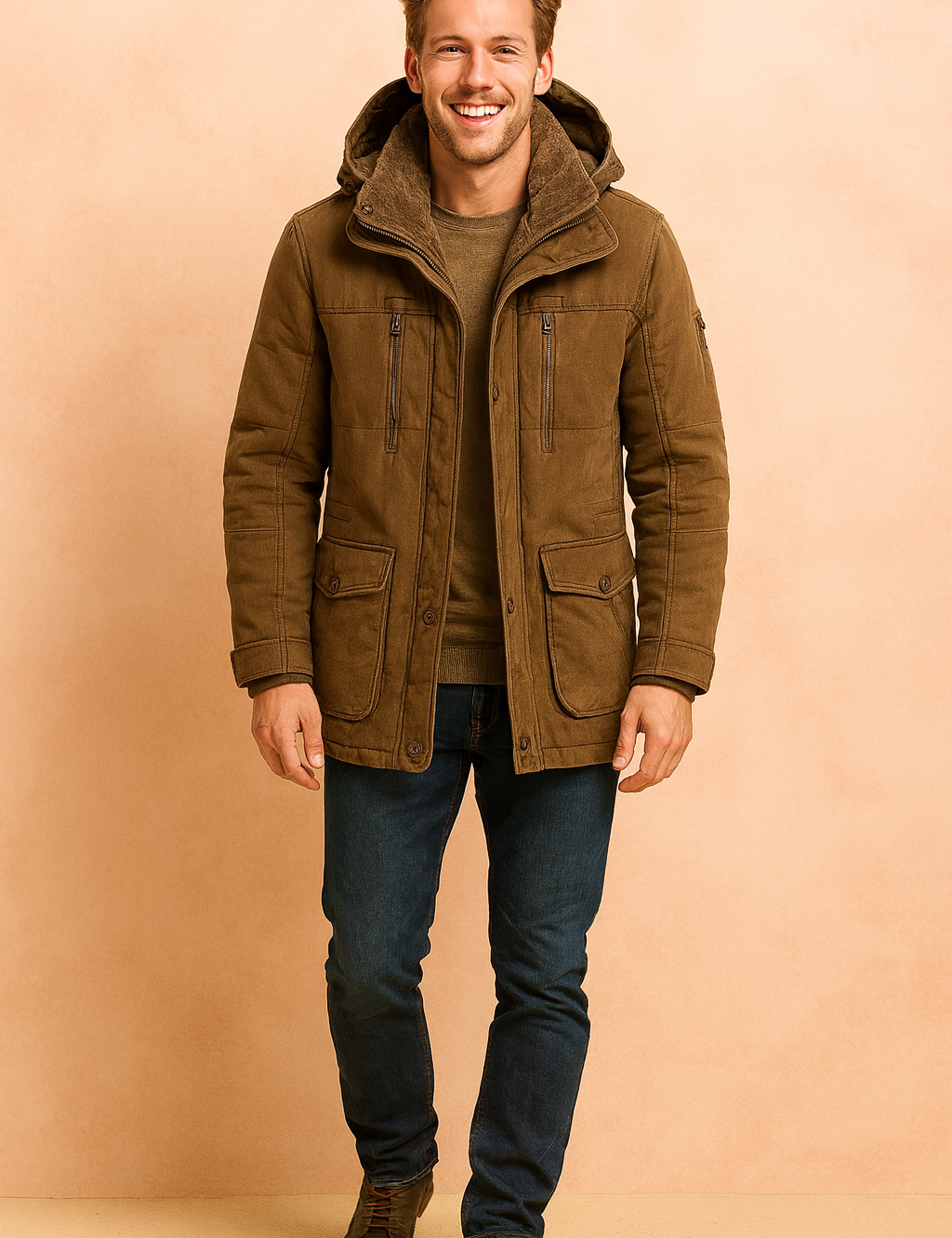 Brown winter parka jacket with detachable hood, front zipper and button closure, multiple utility pockets, and soft inner lining for warmth and comfort.