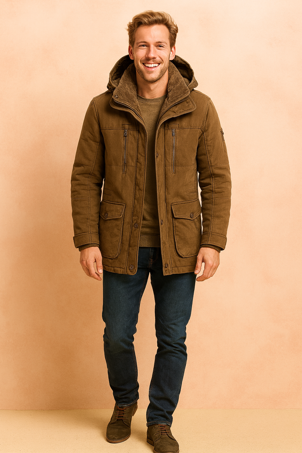 Brown winter parka jacket with detachable hood, front zipper and button closure, multiple utility pockets, and soft inner lining for warmth and comfort.