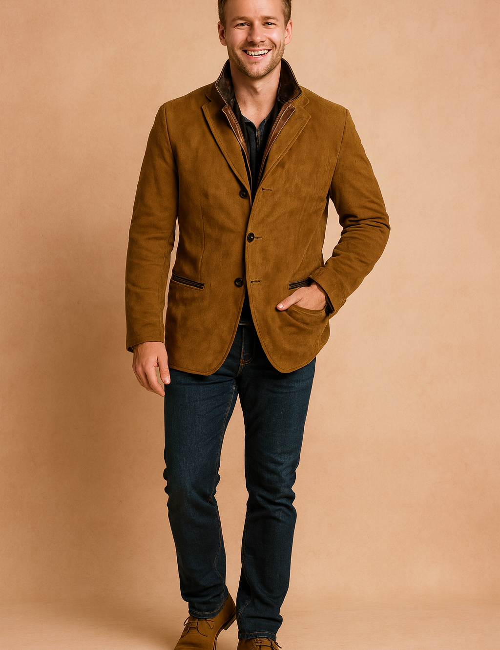 Brown suede blazer jacket with button closure, notched lapel, and front pockets, styled for a refined casual look.
