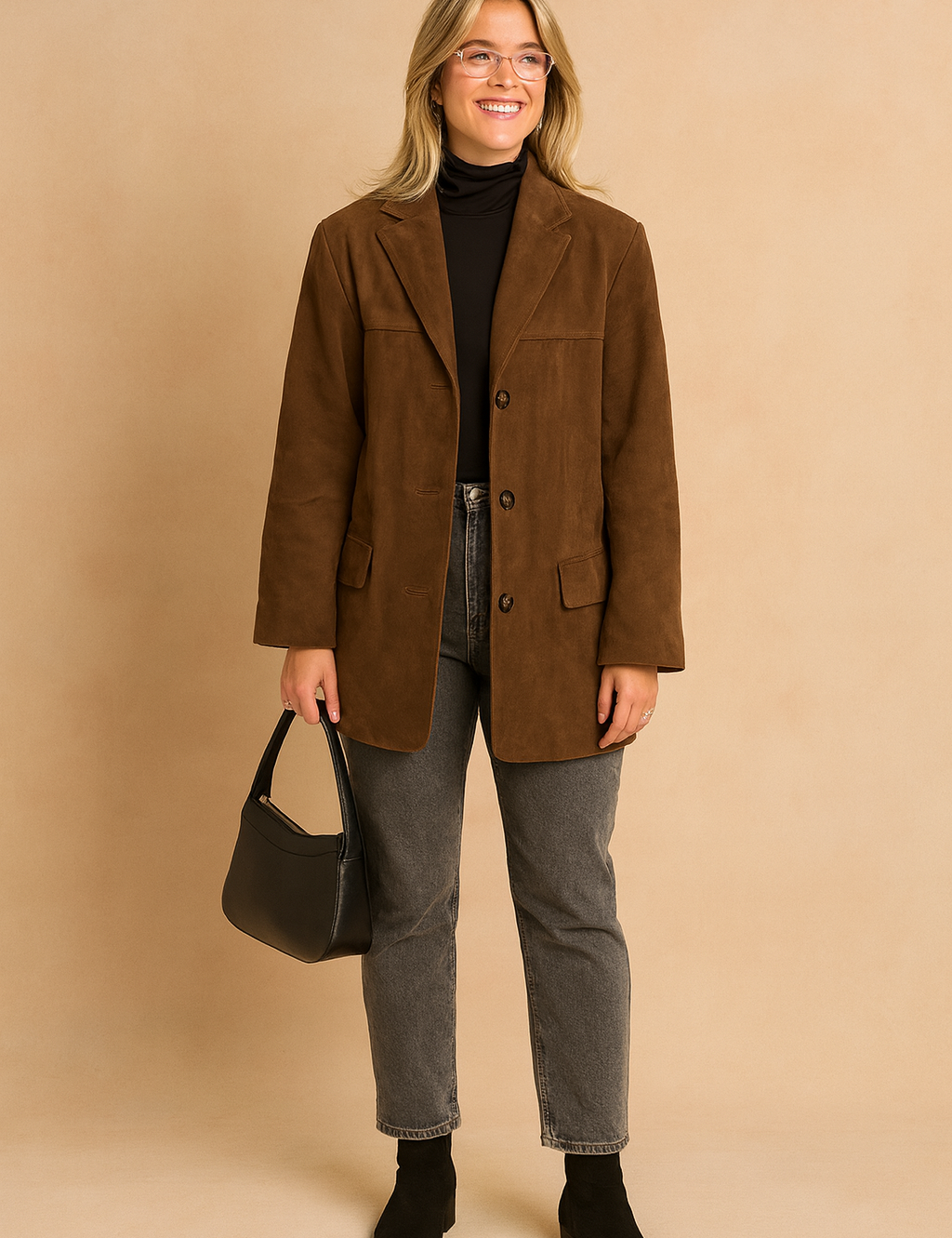 Brown suede-style oversized blazer jacket with button closure, styled over a black turtleneck, gray jeans, and black ankle boots with a handbag.