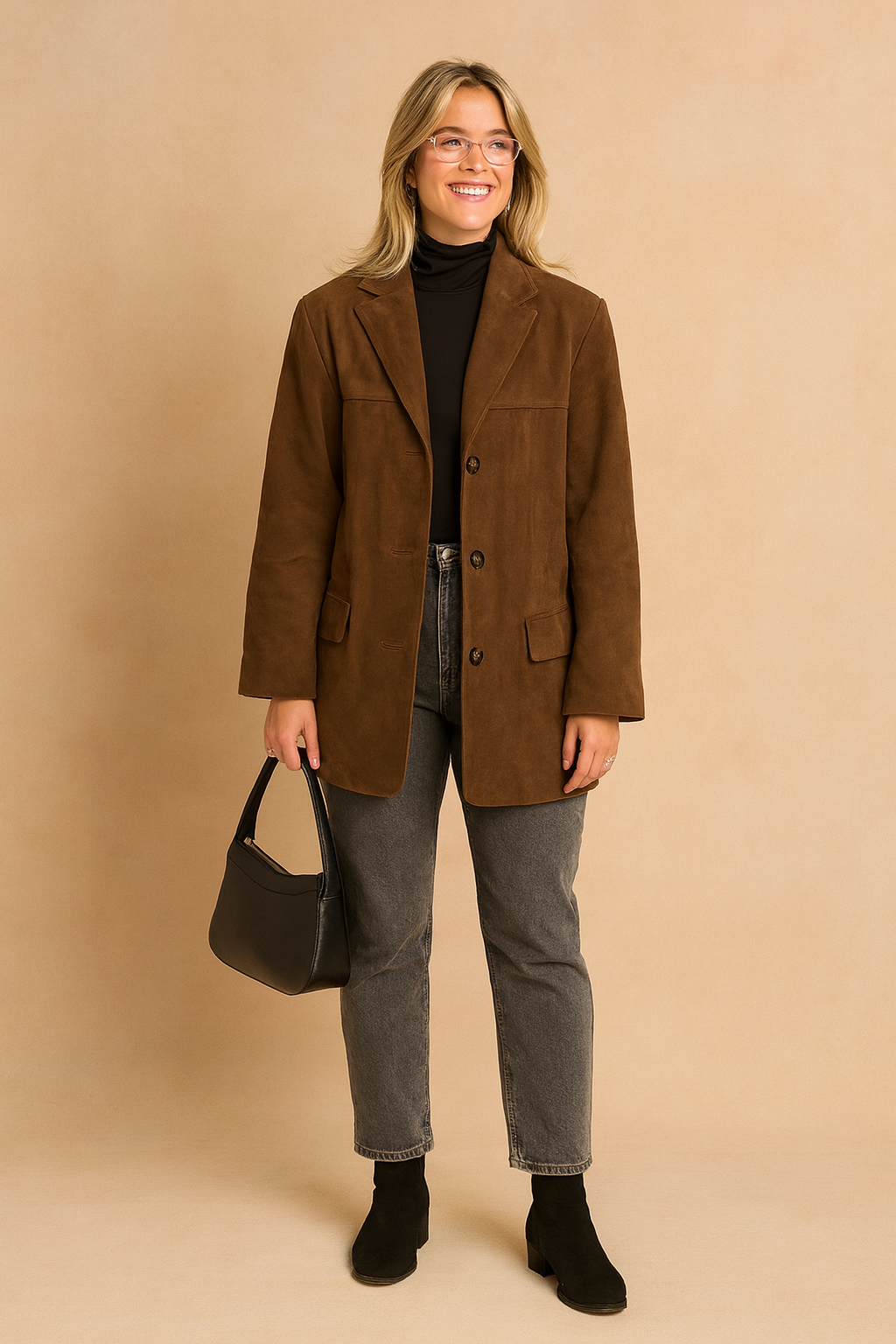 Brown suede-style oversized blazer jacket with button closure, styled over a black turtleneck, gray jeans, and black ankle boots with a handbag.