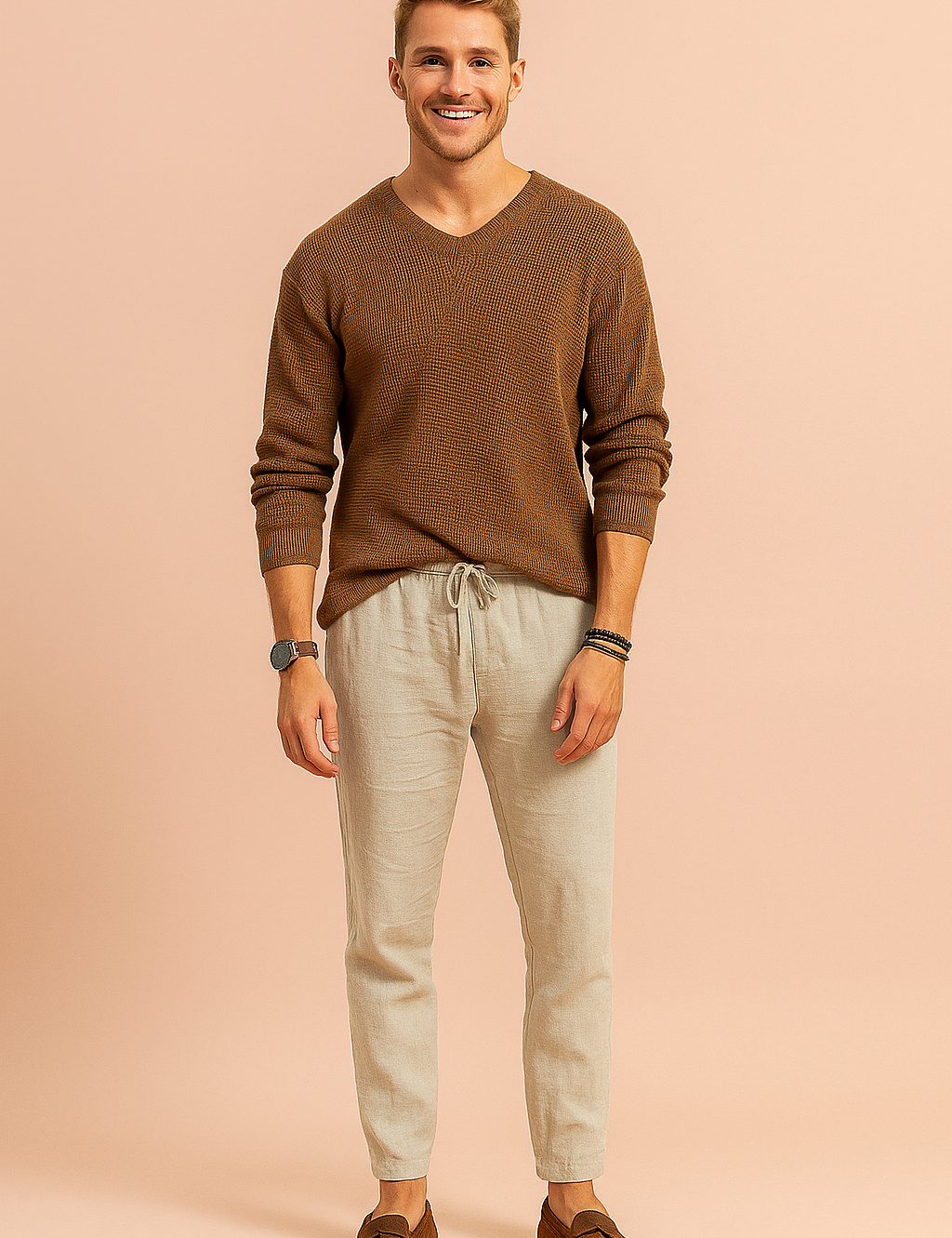 Brown textured V-neck sweater paired with beige linen drawstring pants and brown suede loafers, styled with a leather wristwatch and layered bracelets.