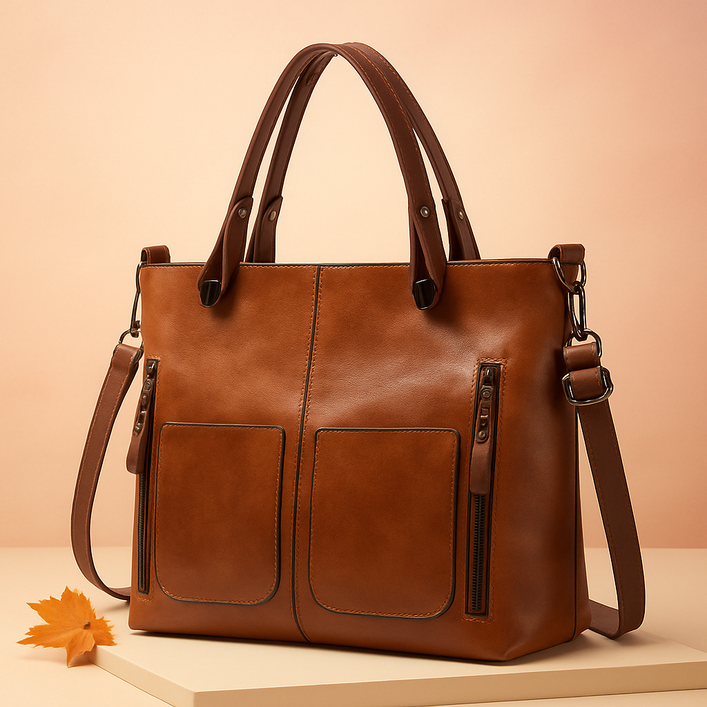 Brown faux leather tote bag with two front zippered pockets, contrast stitching, dark brown handles, and detachable strap, set against a warm sand and pastel pink gradient background on a cream platform.
