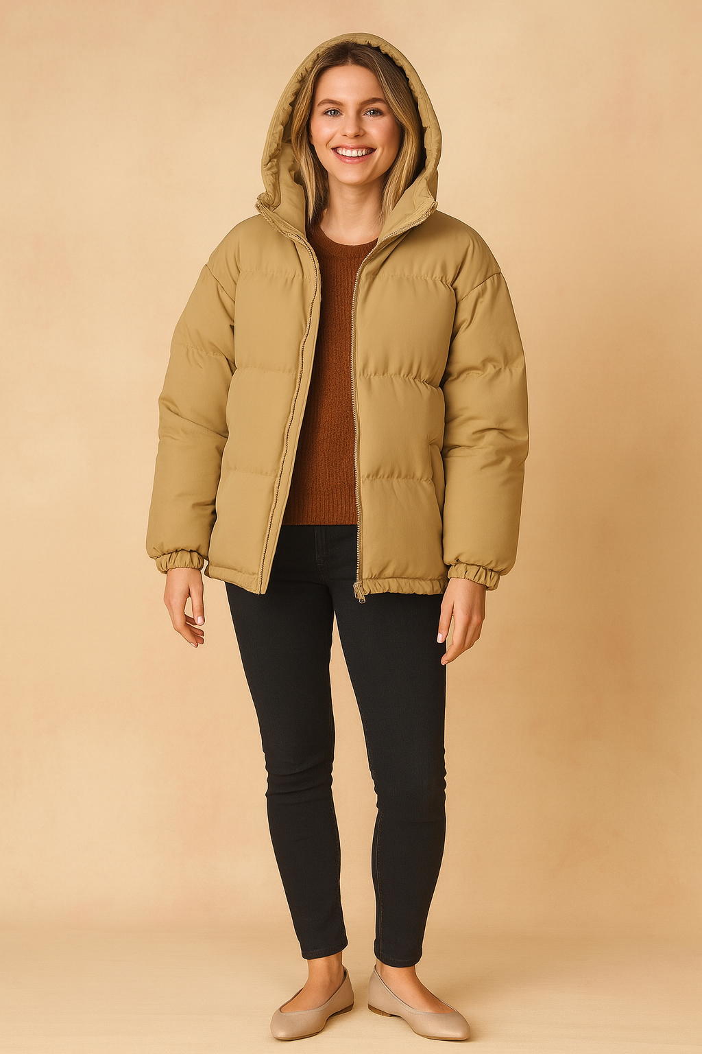 Brown unisex puffer jacket with hood, front zipper closure, side pockets, and elastic cuffs, designed for winter warmth and comfort