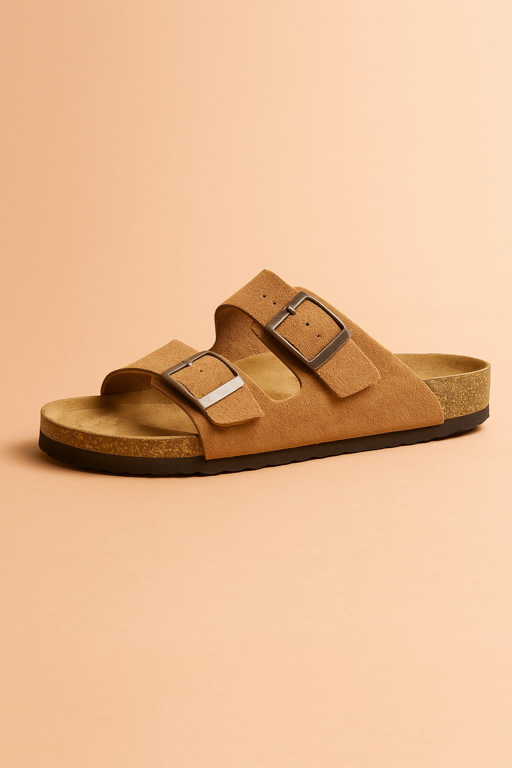  suede slip-on sandal featuring a contoured cork footbed and two wide straps with oversized brown buckles for adjustable comfort.