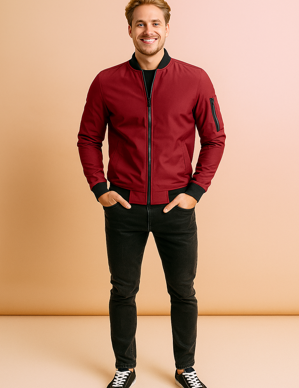 Stylish burgundy bomber jacket with black collar, cuffs, and zipper details paired with slim black jeans and black-and-white sneakers