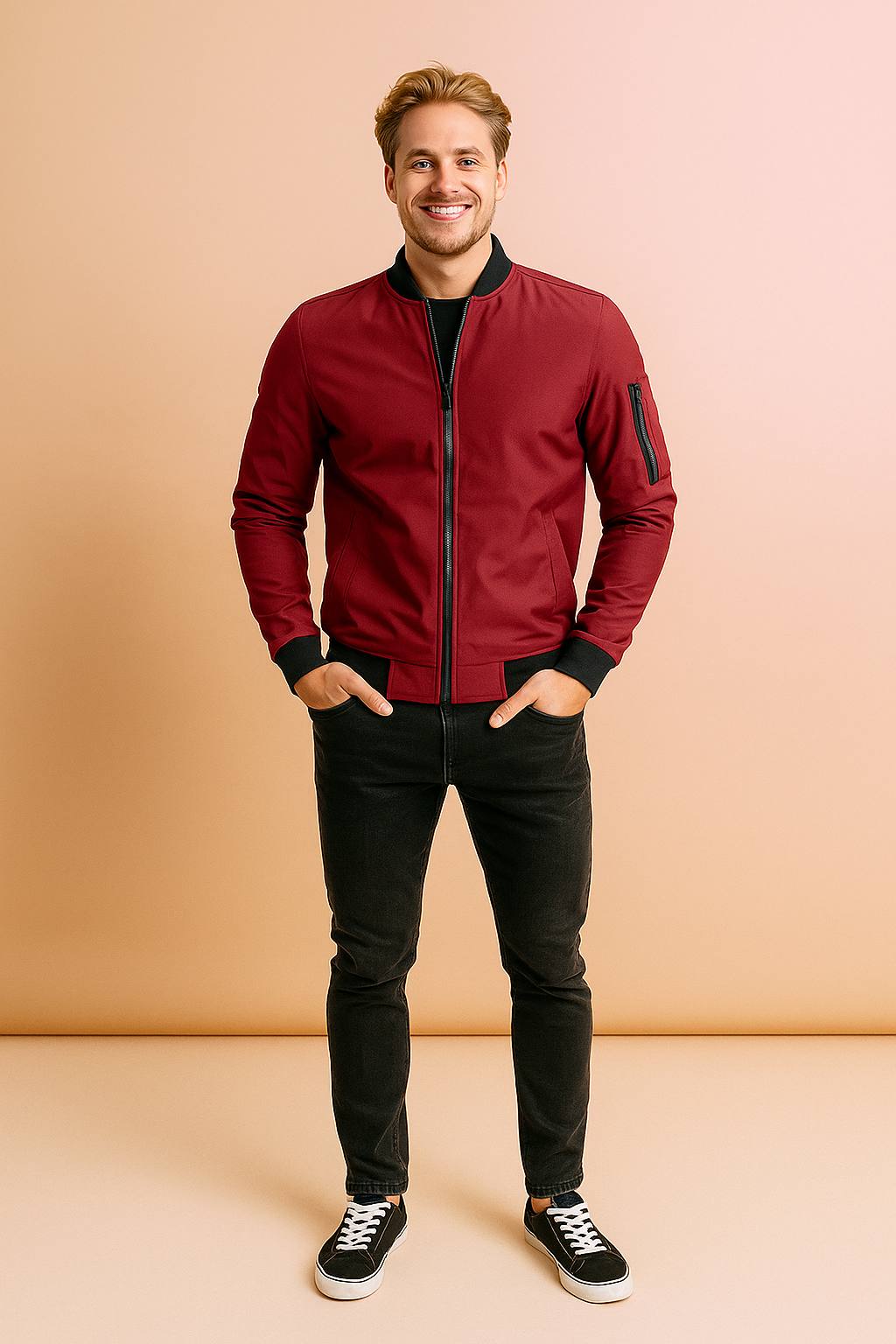 Stylish burgundy bomber jacket with black collar, cuffs, and zipper details paired with slim black jeans and black-and-white sneakers