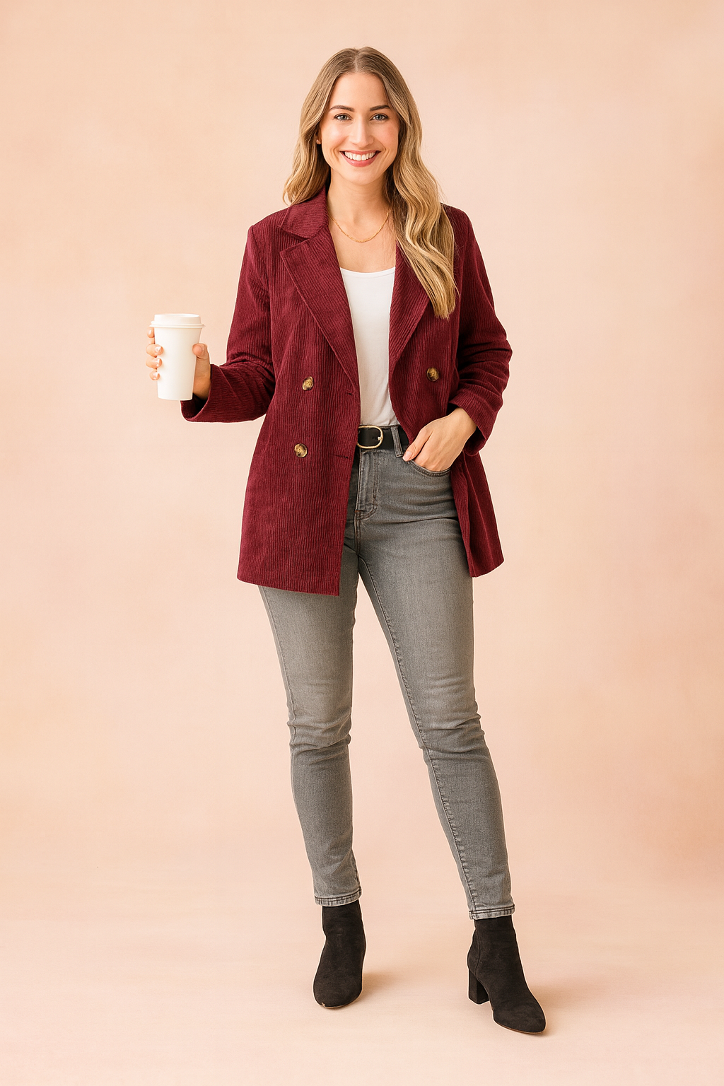 Burgundy corduroy double-breasted blazer with notch lapels, button closure, and tailored fit, styled over a white top and paired with grey jeans.
