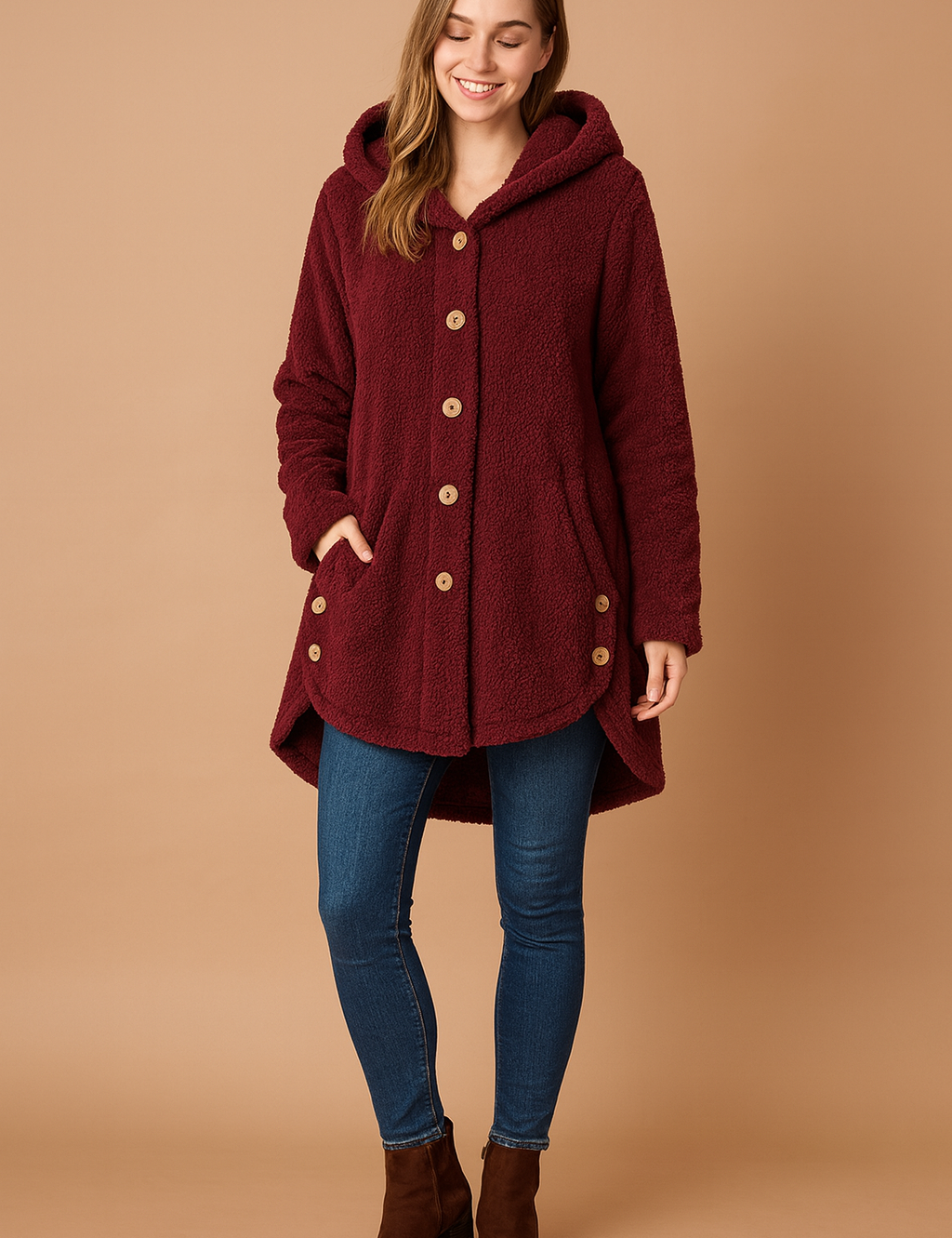 Burgundy fleece hooded button-up jacket with front pockets, designed for women. Features a mid-thigh length, long sleeves, and cozy sherpa-style fabric for warmth and comfort.