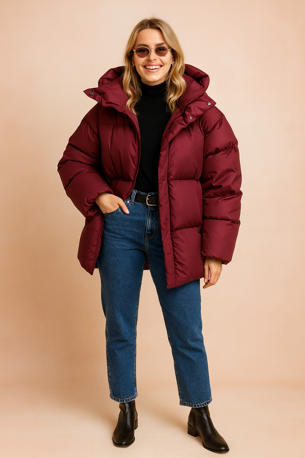 Oversized burgundy hooded puffer jacket with glossy quilted fabric, full-length front zipper, high padded collar, and relaxed fit for winter warmth.