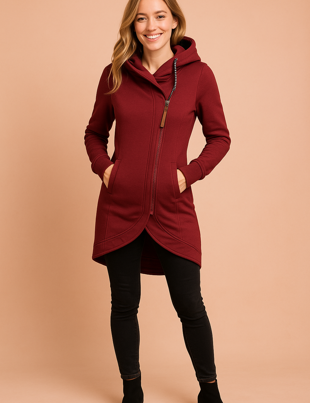 Burgundy asymmetrical zip hoodie with curved hem, front pockets, ribbed cuffs, and patterned drawstrings, styled with black skinny jeans and ankle boots