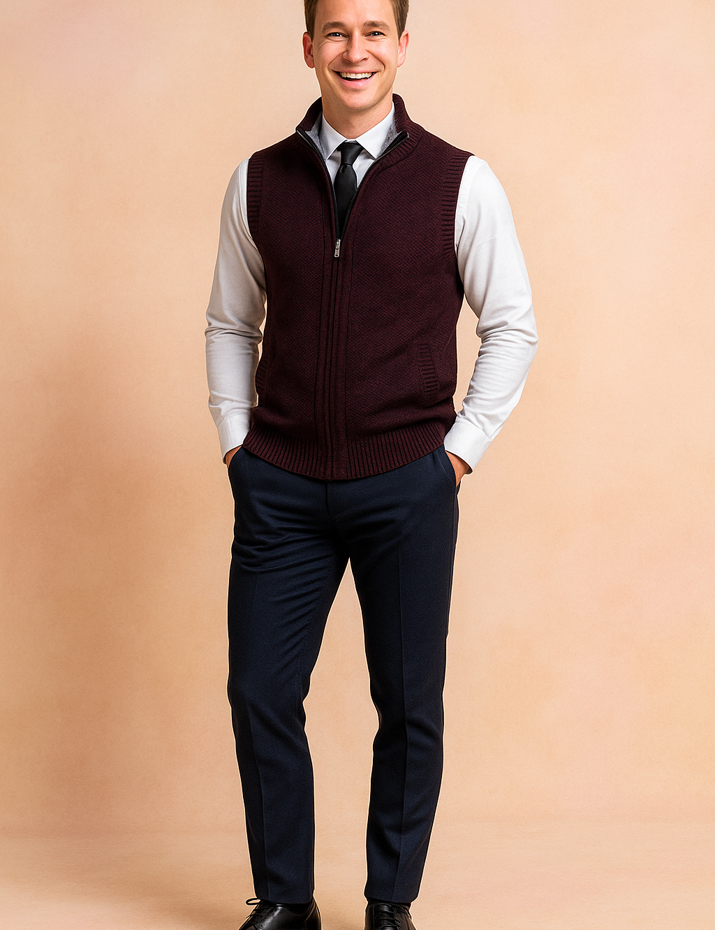 Burgundy zip-up knit sweater vest with front pockets, paired with a white dress shirt, black tie, navy trousers, and black leather shoes.