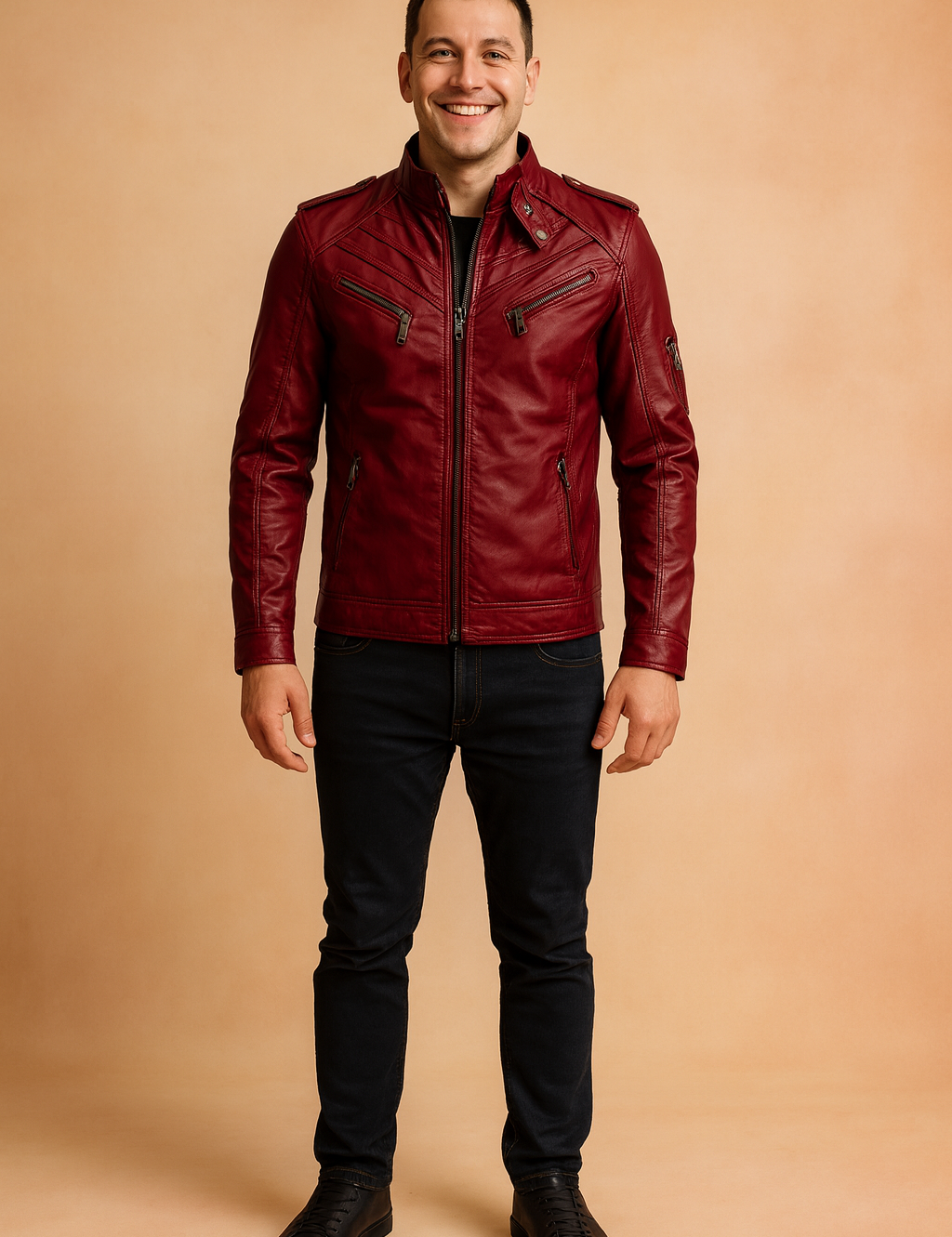 Burgundy leather biker jacket with multiple zippered chest and sleeve pockets, detailed stitching, and a slim tailored cut, styled in a modern casual fit.