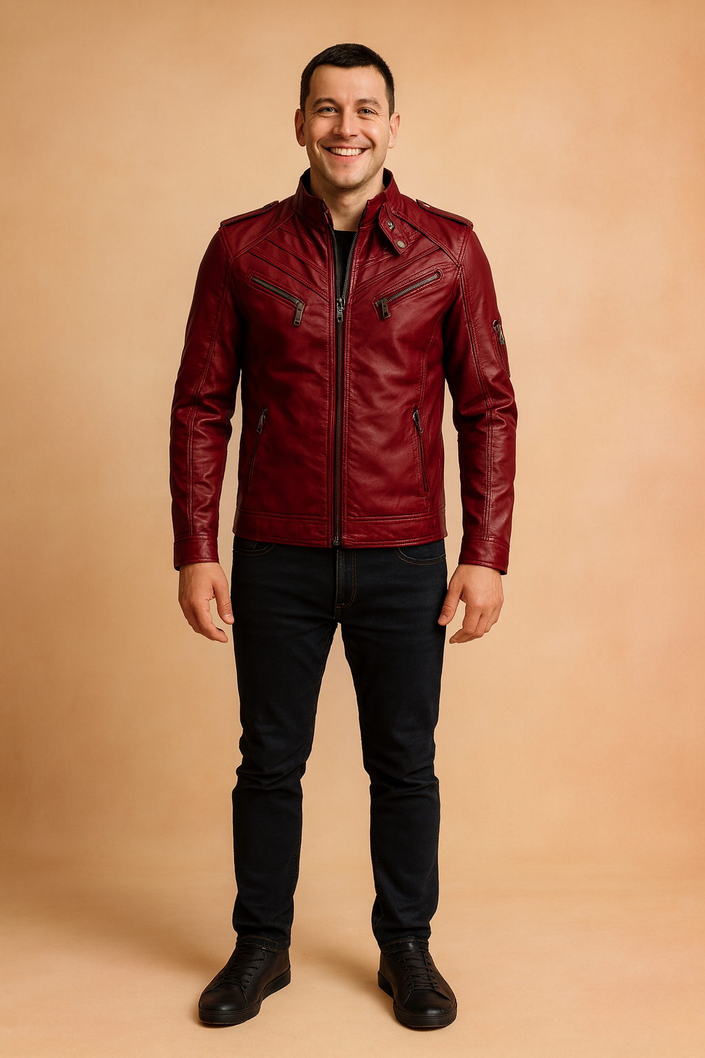 Burgundy leather biker jacket with multiple zippered chest and sleeve pockets, detailed stitching, and a slim tailored cut, styled in a modern casual fit.