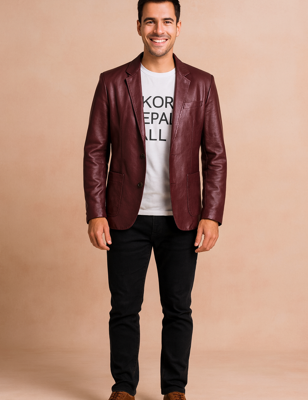 Men’s burgundy faux leather blazer with notch lapel, single-breasted button closure, and front flap pockets, tailored for a sleek and modern style.