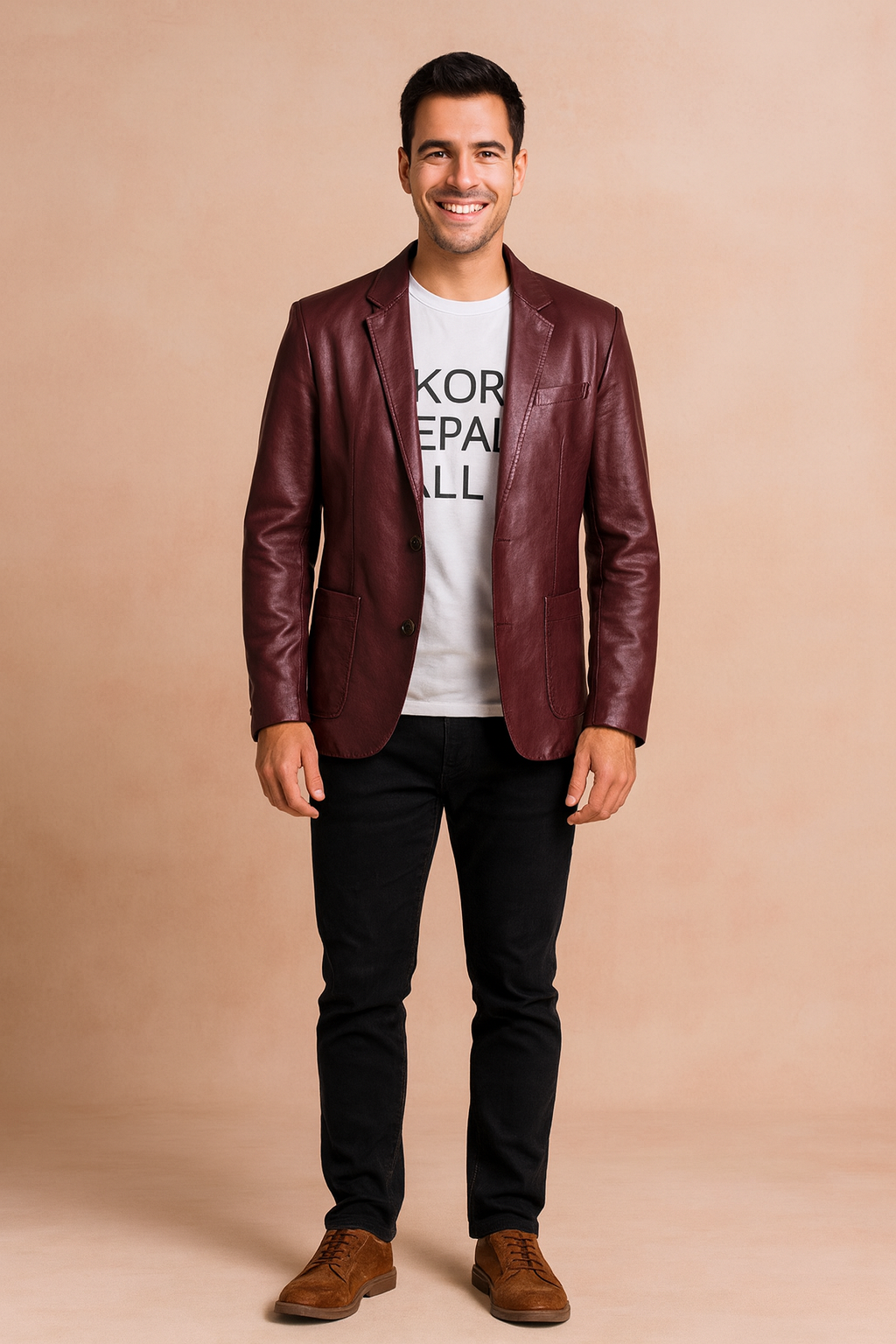 Men’s burgundy faux leather blazer with notch lapel, single-breasted button closure, and front flap pockets, tailored for a sleek and modern style.