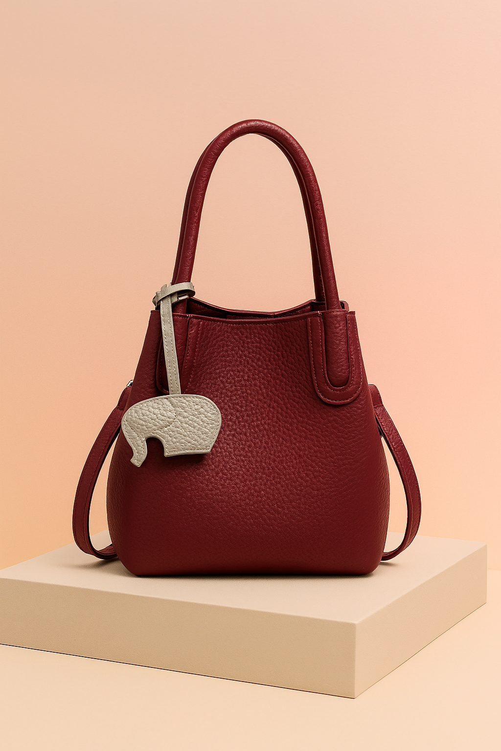 Burgundy pebble-textured leather tote handbag with double handles and gray elephant charm on a soft pastel background.