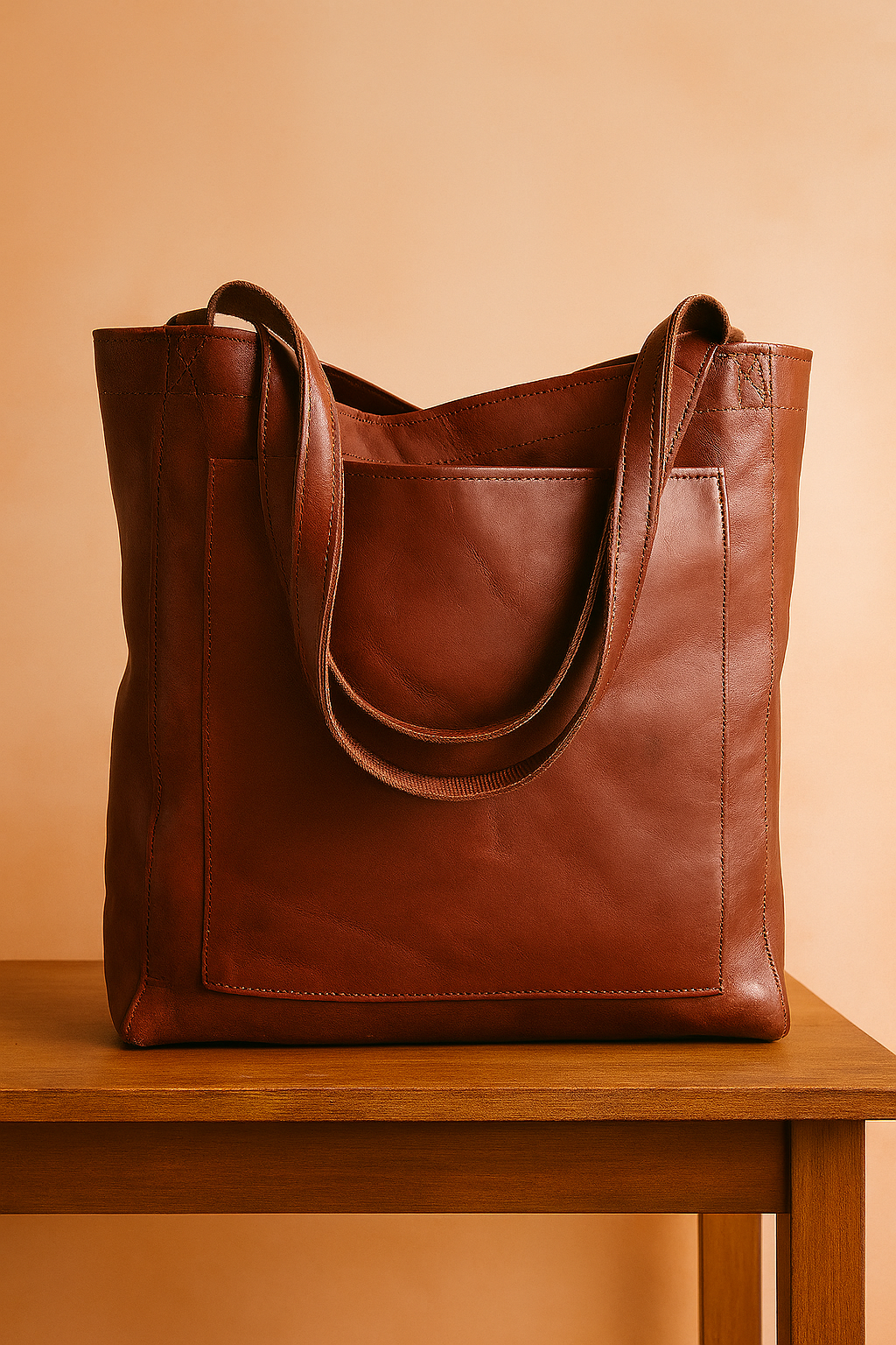 Burgundy leather tote bag with front panel pocket and dual shoulder straps, featuring a smooth matte finish and subtle creases, displayed on a wooden platform.