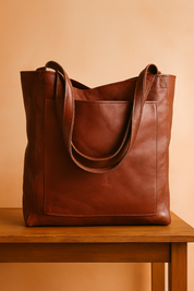 Burgundy leather tote bag with front panel pocket and dual shoulder straps, featuring a smooth matte finish and subtle creases, displayed on a wooden platform.