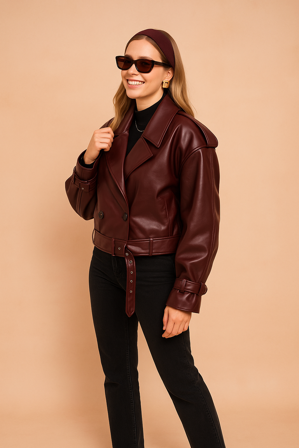Dark burgundy oversized belted leather jacket with wide lapel collar, long sleeves, and structured silhouette, paired with straight-leg black trousers and ankle boots.