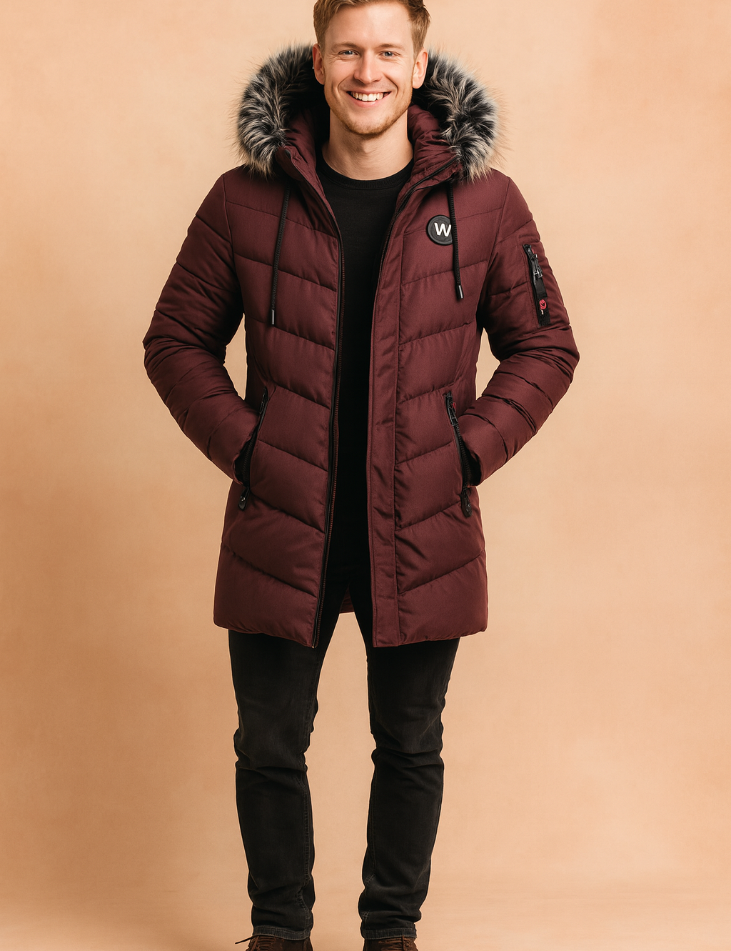 Burgundy padded winter parka with black and white faux fur hood trim, front zipper closure, side zip pockets, sleeve pocket, and logo patch on chest.