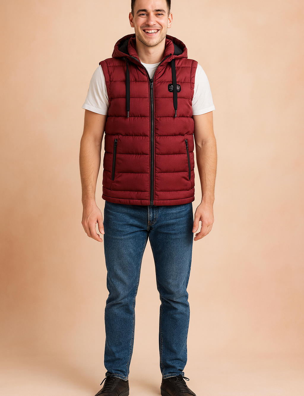 Men’s burgundy quilted puffer vest with hood, zip closure, and two zippered pockets, paired with casual jeans and sneakers for a modern, sporty look