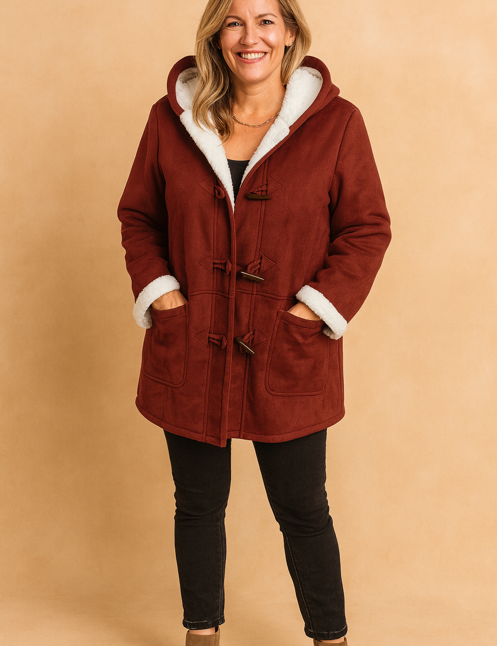 Burgundy toggle coat with white faux shearling lining, paired with black slim-fit jeans and taupe ankle boots.