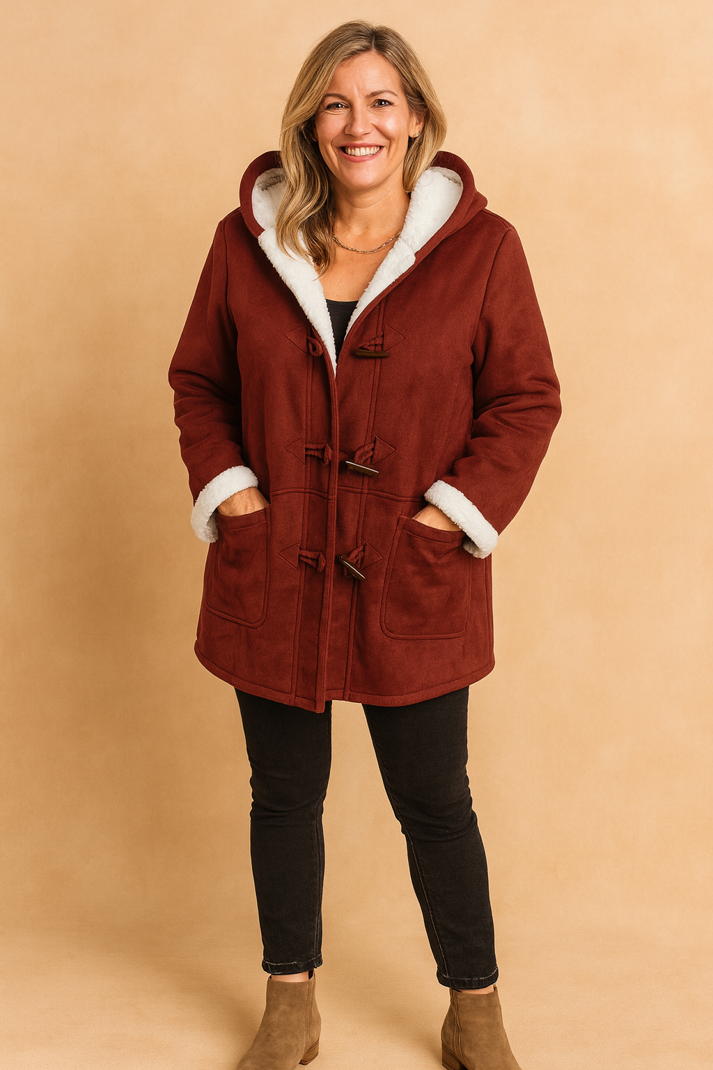 Burgundy toggle coat with white faux shearling lining, paired with black slim-fit jeans and taupe ankle boots.