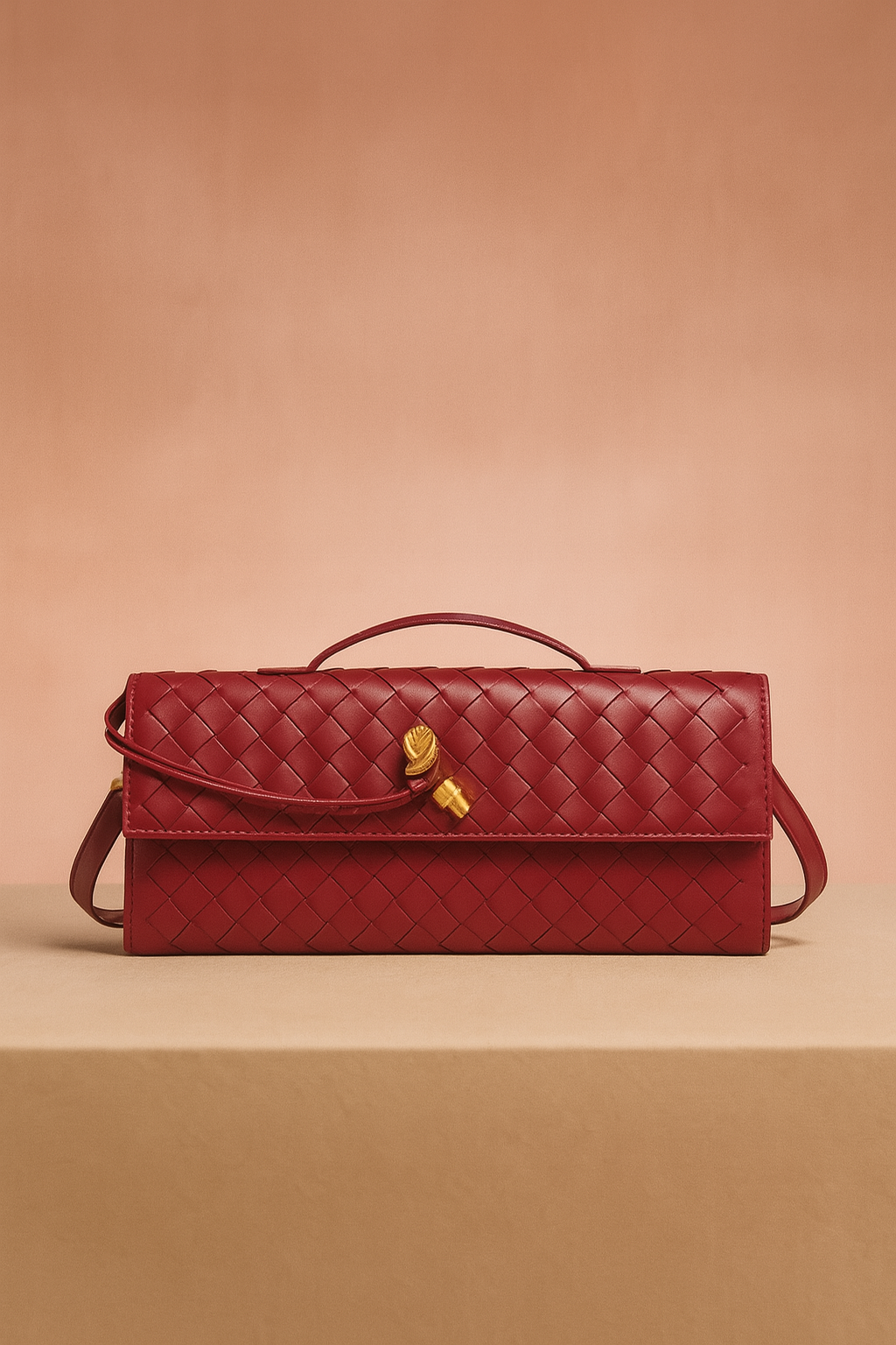 Rectangular burgundy woven leather handbag with a top handle, crossbody strap, and gold clasp, displayed on a neutral pedestal with a warm gradient background.