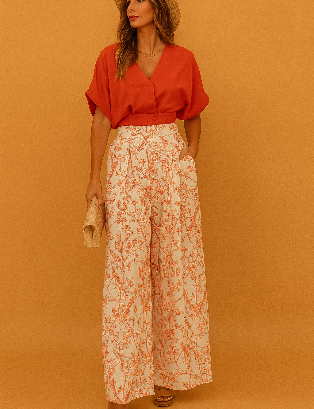 Elegant two-piece set featuring a burnt-orange short-sleeve blouse paired with high-waisted wide-leg trousers in a cream base with orange floral print, accessorized with a straw clutch and matching straw hat for a refined, sunny-day look.