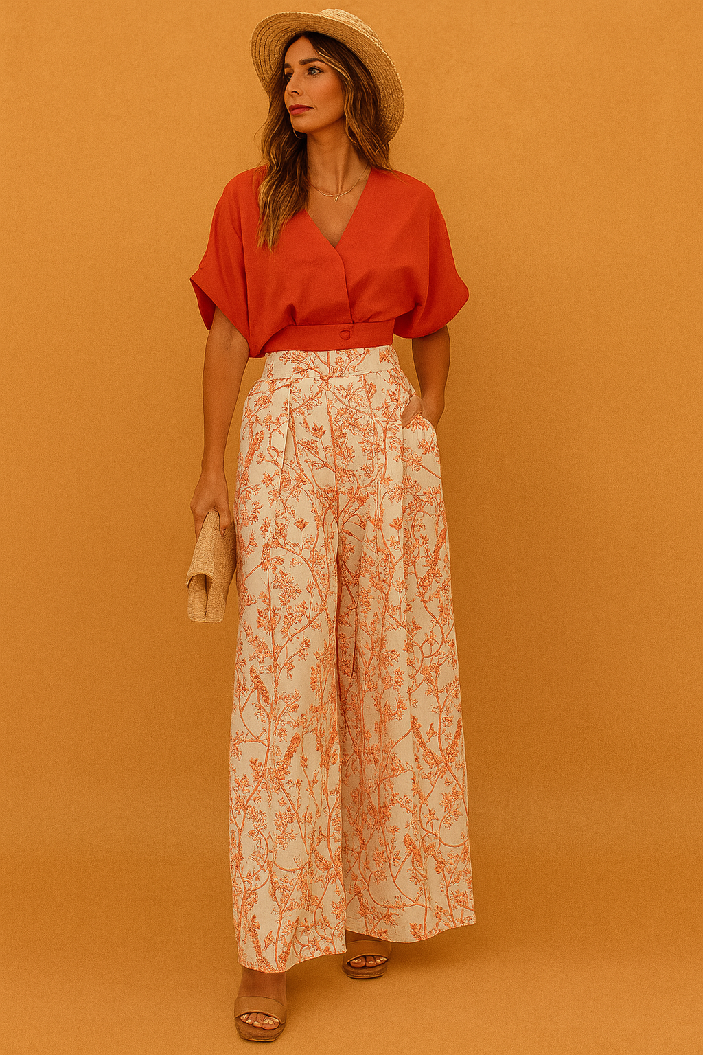 Elegant two-piece set featuring a burnt-orange short-sleeve blouse paired with high-waisted wide-leg trousers in a cream base with orange floral print, accessorized with a straw clutch and matching straw hat for a refined, sunny-day look.