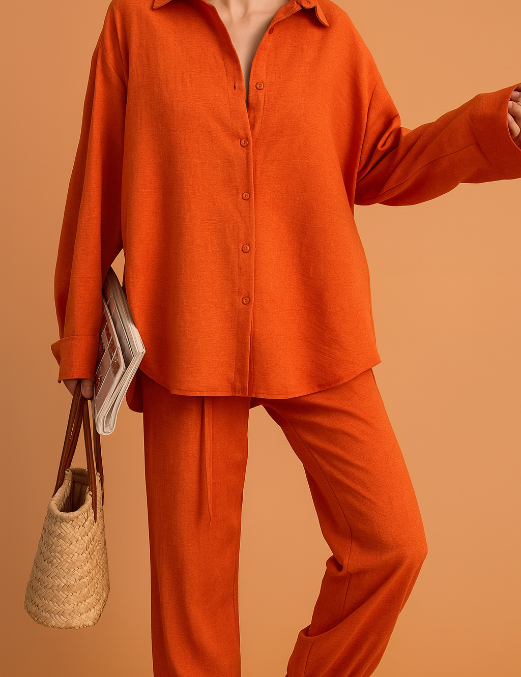 Burnt orange loungewear co-ord set featuring a button-up oversized shirt with a pointed collar and relaxed-fit drawstring pants, crafted in a lightly textured fabric.