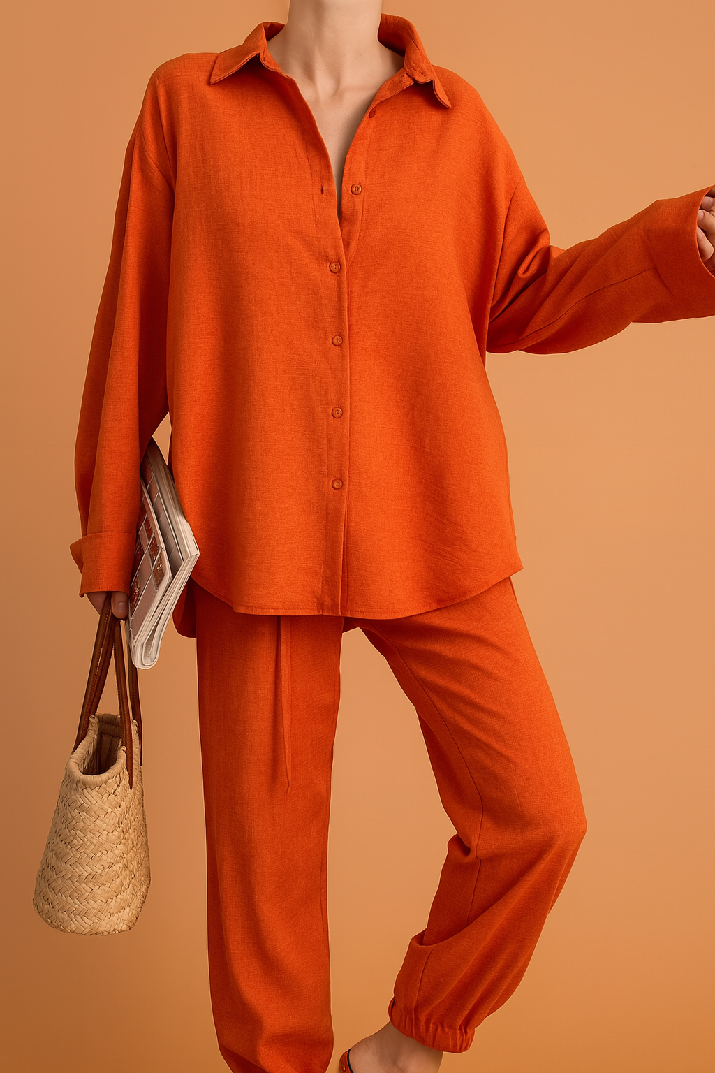 Burnt orange loungewear co-ord set featuring a button-up oversized shirt with a pointed collar and relaxed-fit drawstring pants, crafted in a lightly textured fabric.