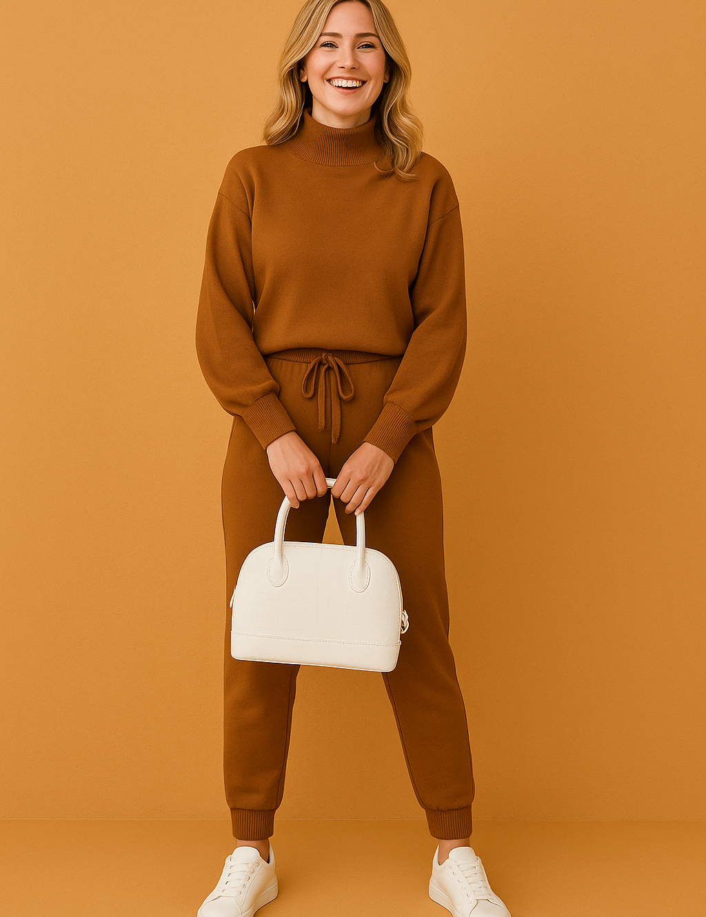 Burnt sienna co-ord set with high-neck pullover and drawstring jogger pants, styled with white sneakers and a structured handbag, captured in a warm sandy studio setting.