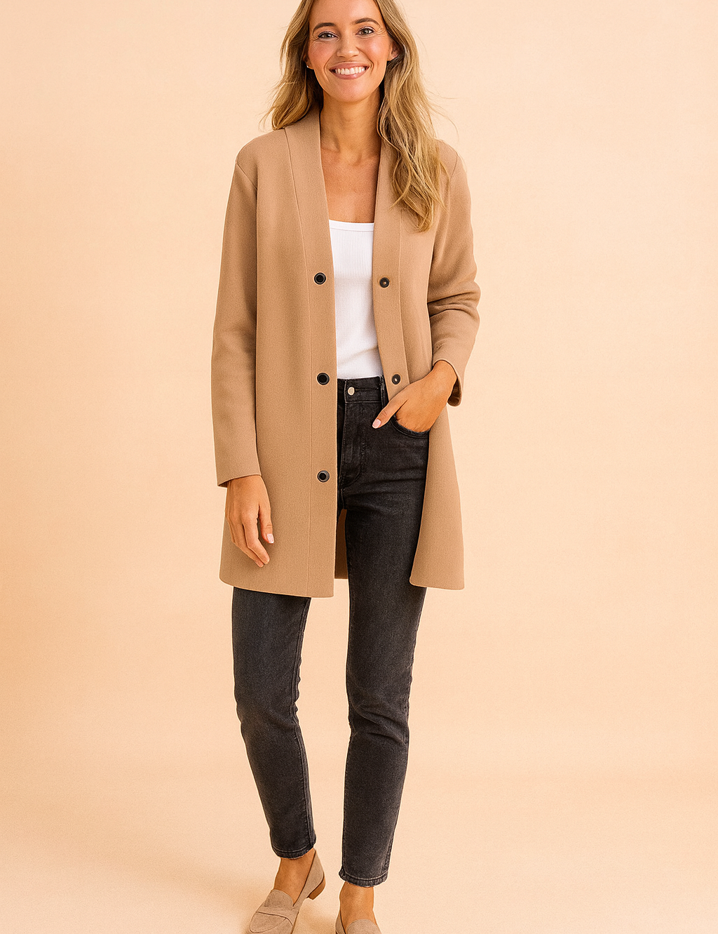 Camel beige longline jacket with black button details, styled over a white tank top, paired with slim black jeans and beige loafers for a modern casual chic look.