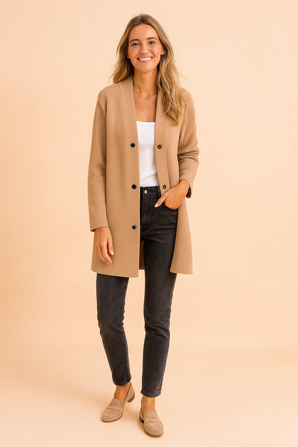 Camel beige longline jacket with black button details, styled over a white tank top, paired with slim black jeans and beige loafers for a modern casual chic look.