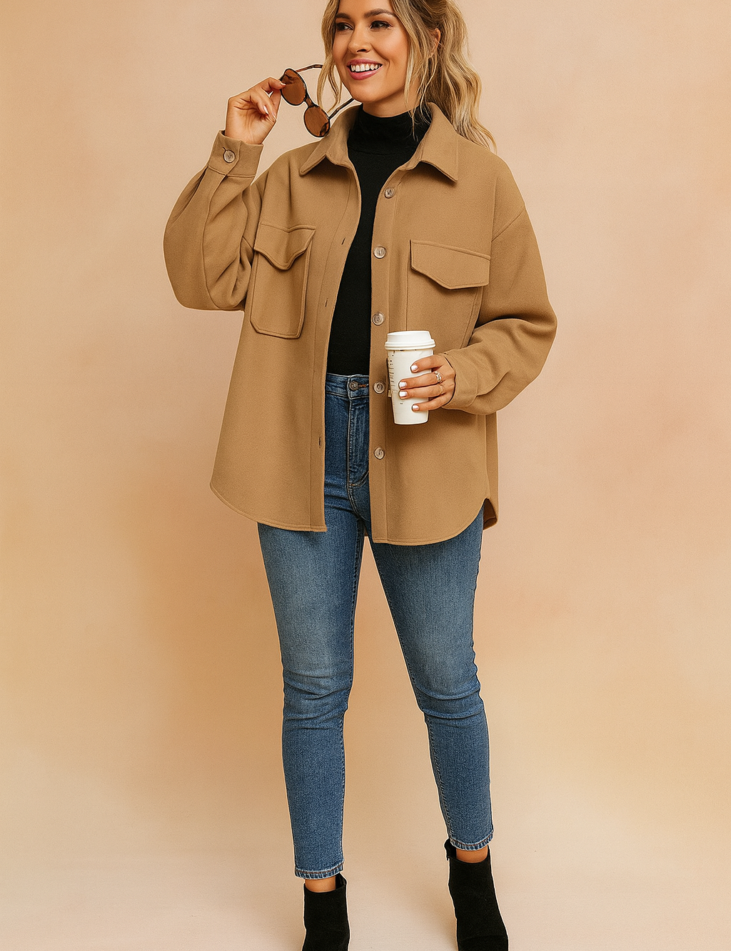 Camel beige oversized button-up jacket with flap chest pockets, relaxed fit, and long sleeves, styled with a black turtleneck, slim-fit jeans, and black ankle boots.