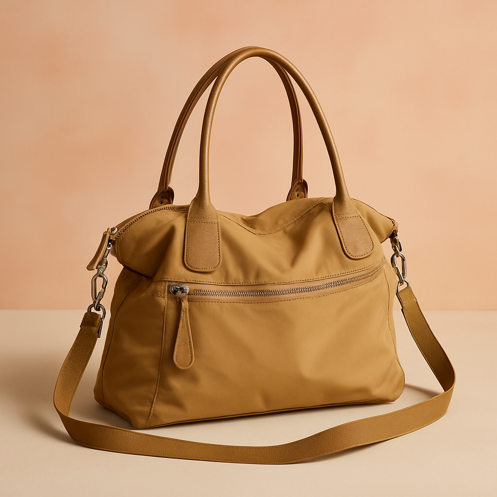 Structured camel beige shoulder tote bag with smooth fabric finish, external front zipper pocket, double rolled handles, and adjustable crossbody strap, displayed in a soft slouchy form.