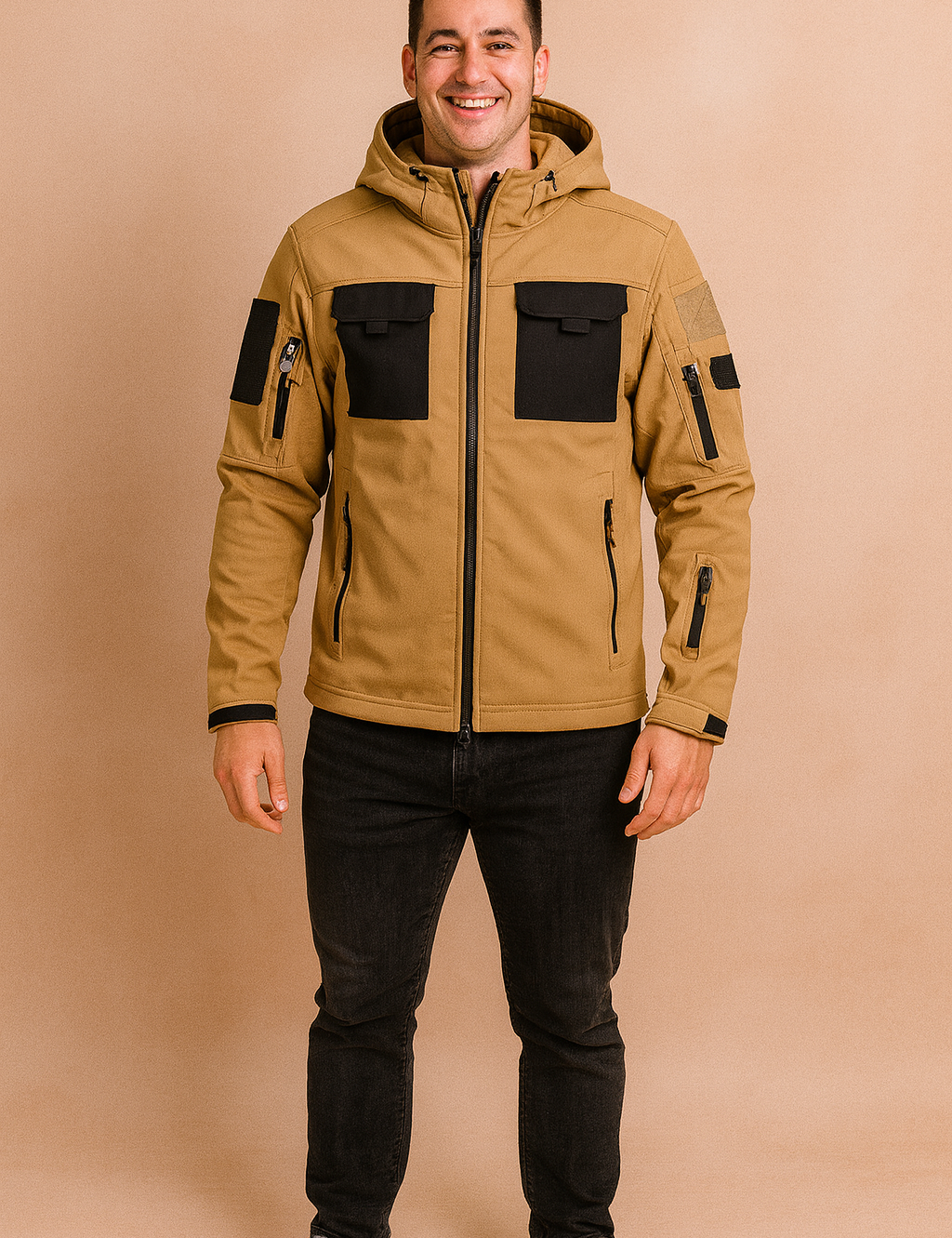 Camel beige tactical softshell jacket with black chest pockets, multiple zippers, and adjustable hood, styled with slim black jeans and grey sneakers.
