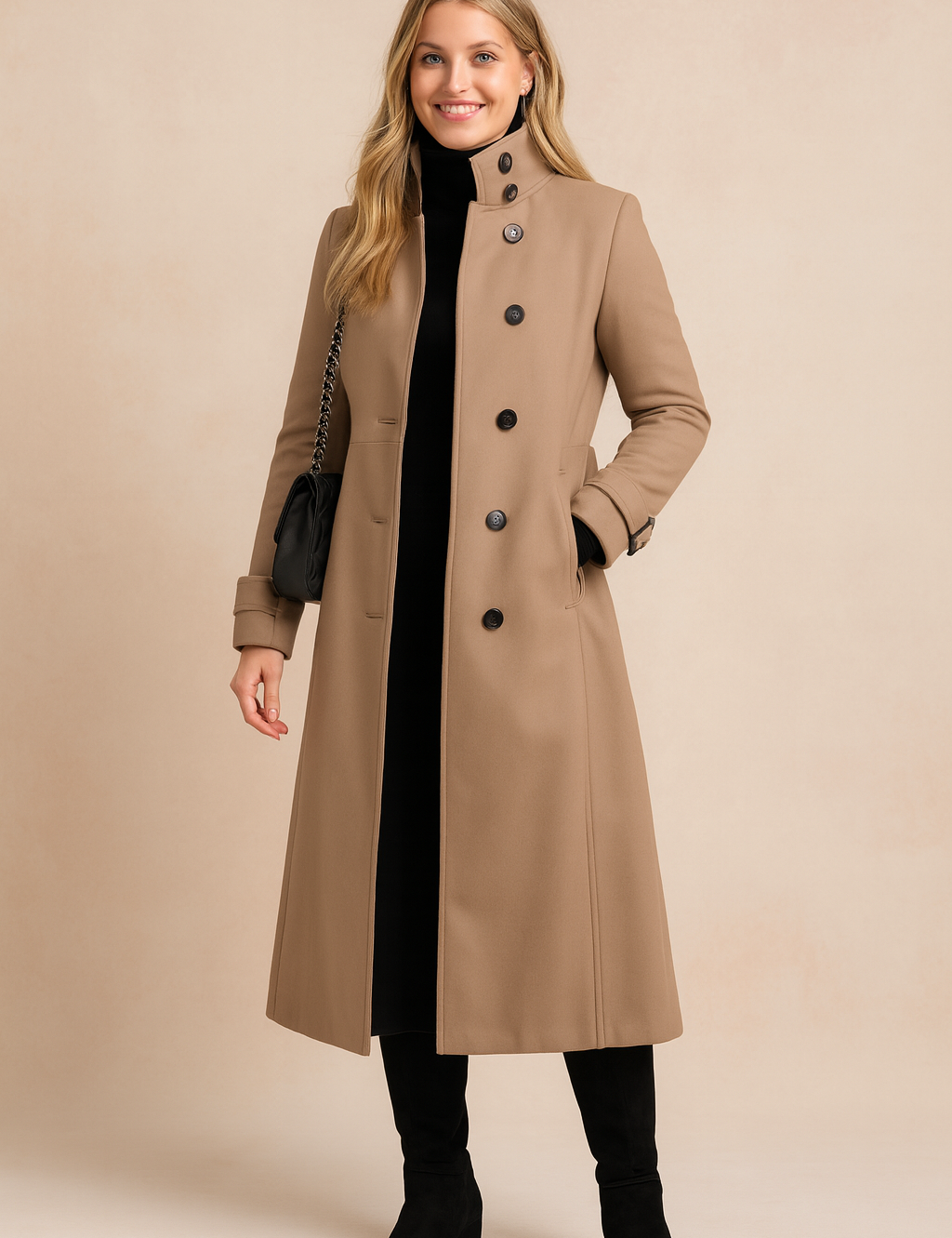 Camel beige trench coat with high collar, black button closure, belted cuffs, and long tailored fit, styled for a refined and timeless outerwear look.