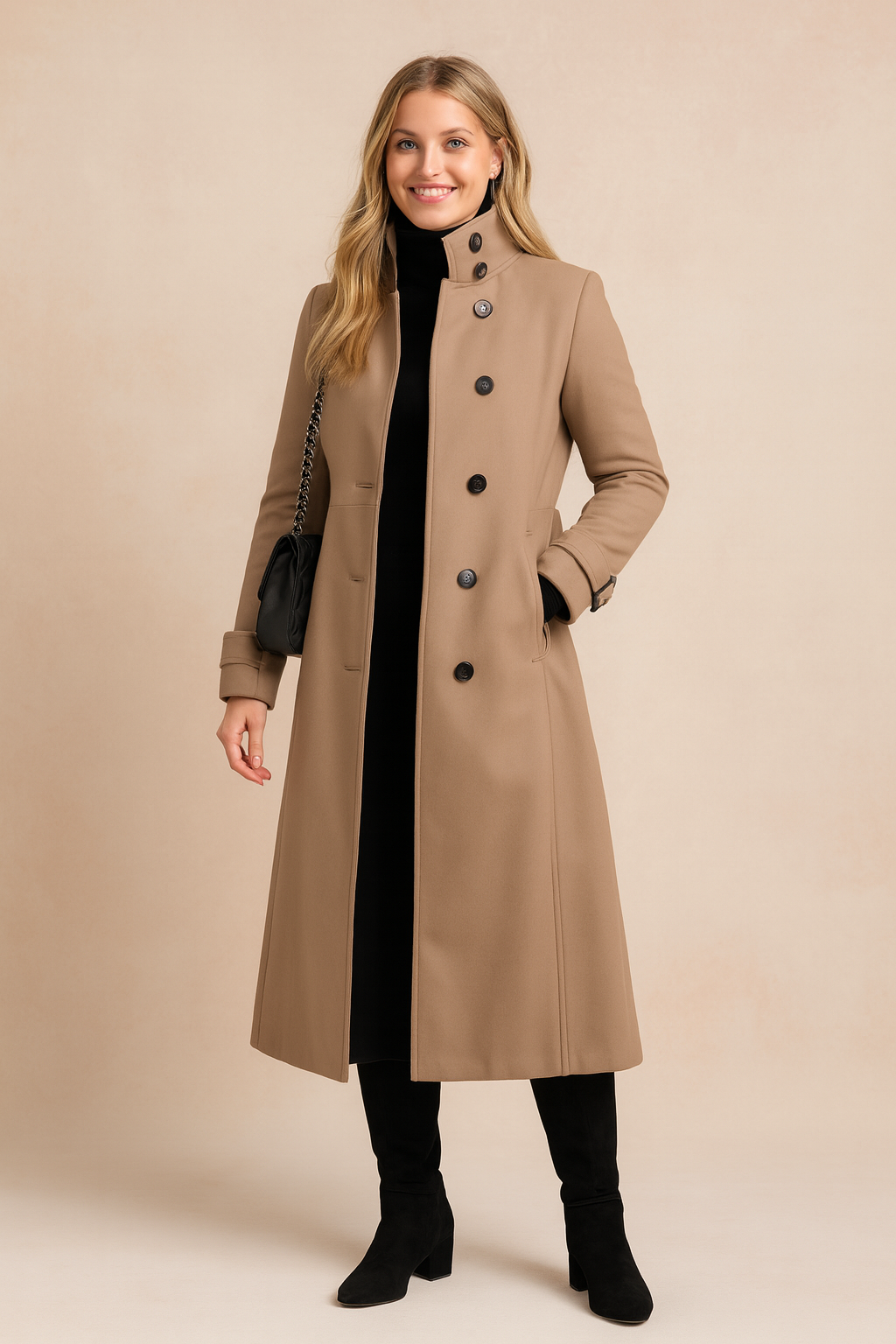 Camel beige trench coat with high collar, black button closure, belted cuffs, and long tailored fit, styled for a refined and timeless outerwear look.