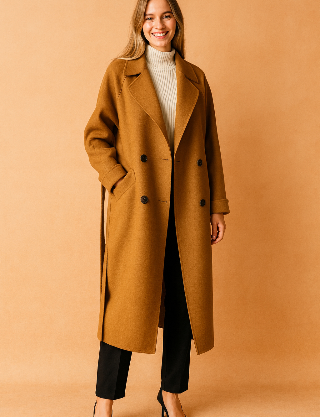 Camel brown oversized wool coat with wide lapels, double-breasted button closure, side pockets, and a relaxed tailored fit, paired with a cream ribbed turtleneck sweater, black straight-leg trousers, and black pointed-toe heels.