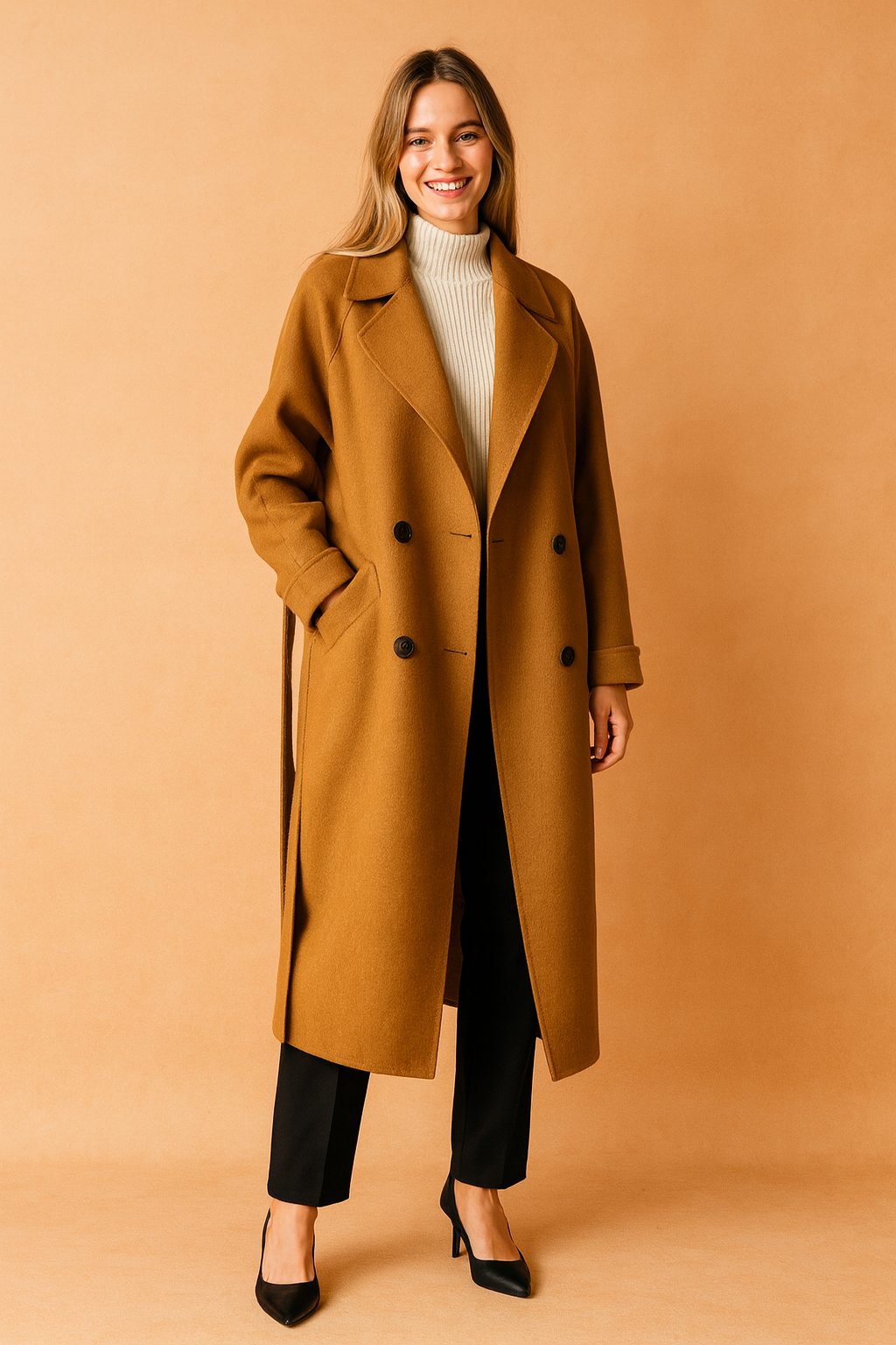 Camel brown oversized wool coat with wide lapels, double-breasted button closure, side pockets, and a relaxed tailored fit, paired with a cream ribbed turtleneck sweater, black straight-leg trousers, and black pointed-toe heels.