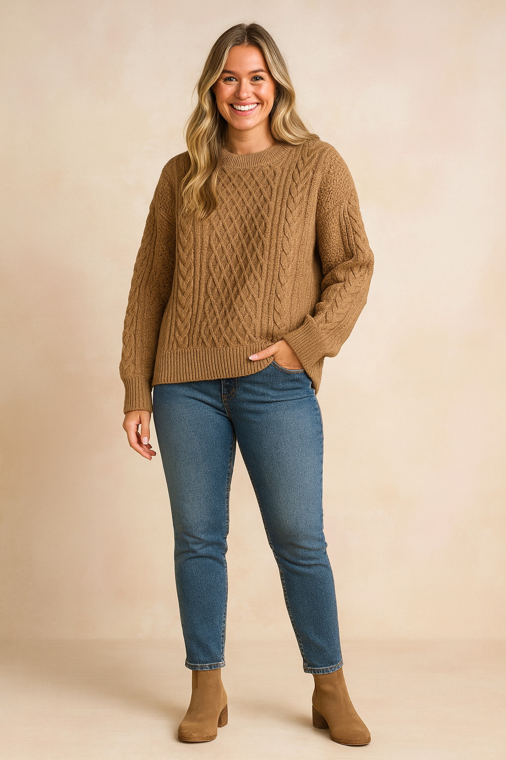 Camel cable knit sweater with ribbed cuffs and hem, paired with medium blue jeans and taupe suede ankle boots.