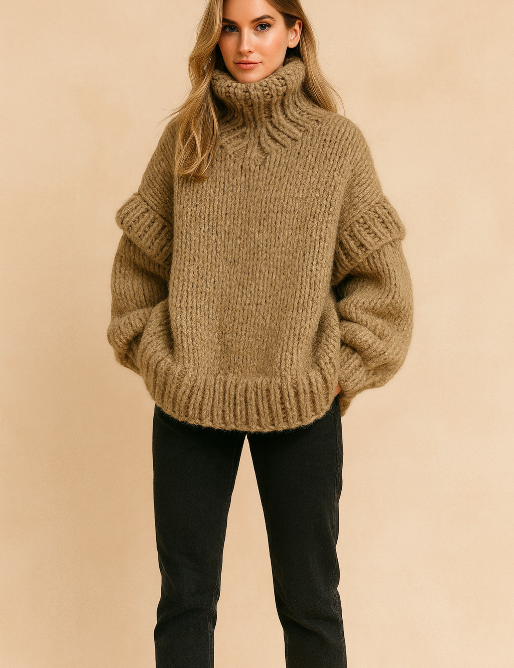 Oversize’owy sweter z grubego dziania z wysokim kołnierzem w kolorze camel z obniżonymi ramionami i grubymi ściągaczami przy mankietach i u dołu.