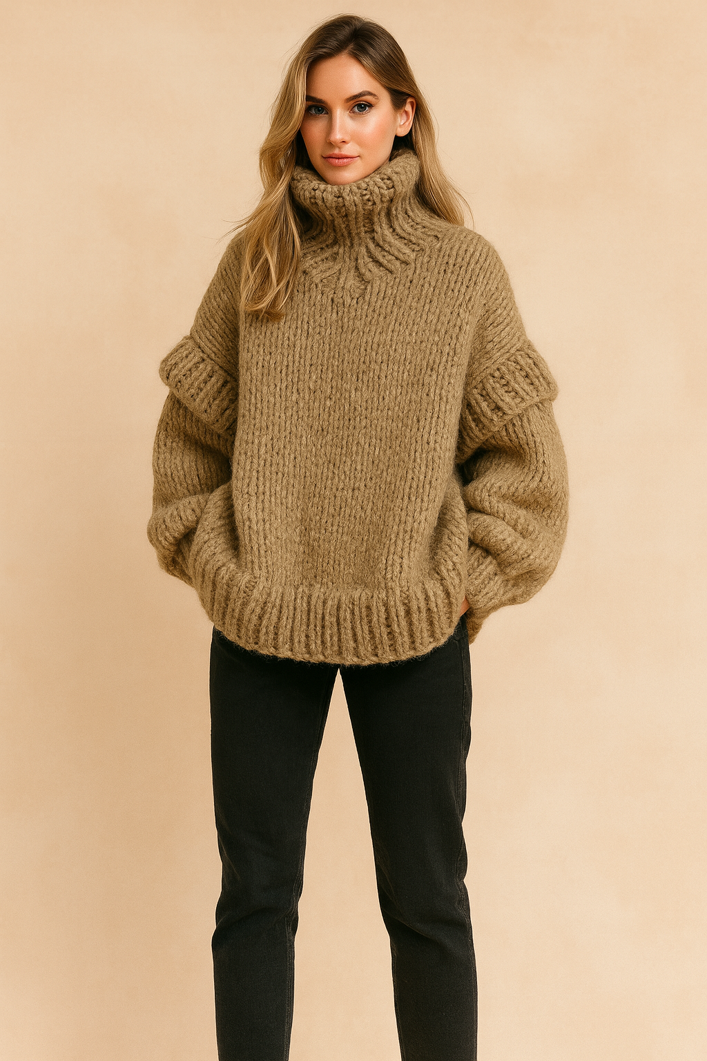 Oversize’owy sweter z grubego dziania z wysokim kołnierzem w kolorze camel z obniżonymi ramionami i grubymi ściągaczami przy mankietach i u dołu.