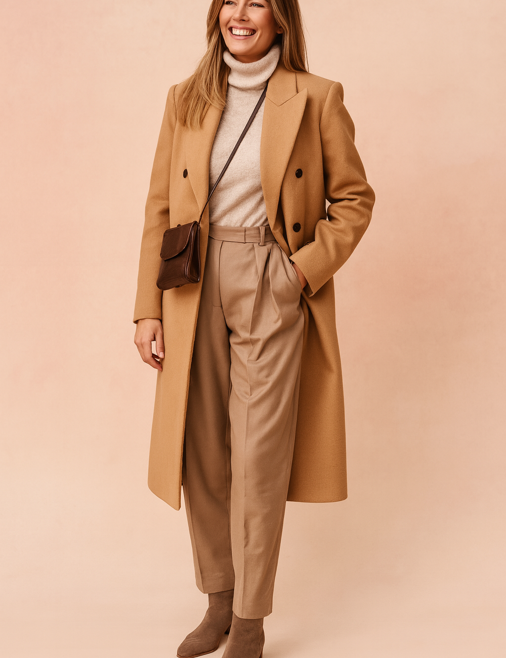 Elegant camel wool coat with double-breasted button design, paired with a beige turtleneck sweater, high-waisted pleated trousers, and taupe suede ankle boots, styled with a brown leather crossbody bag.